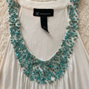 White Sleeveless Top with turquoise Beaded Neckline